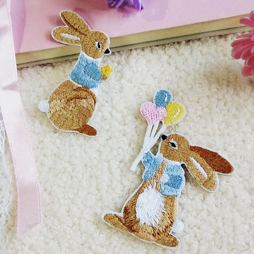 set of 2 bunny balloon embroidered patches flat lay
