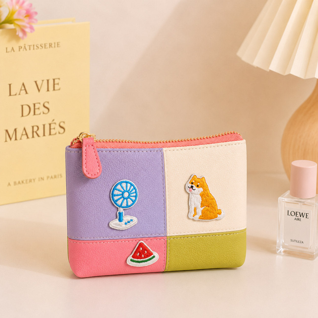 shiba and watermelon fan embroidered stick-on patches on makeup pouch
