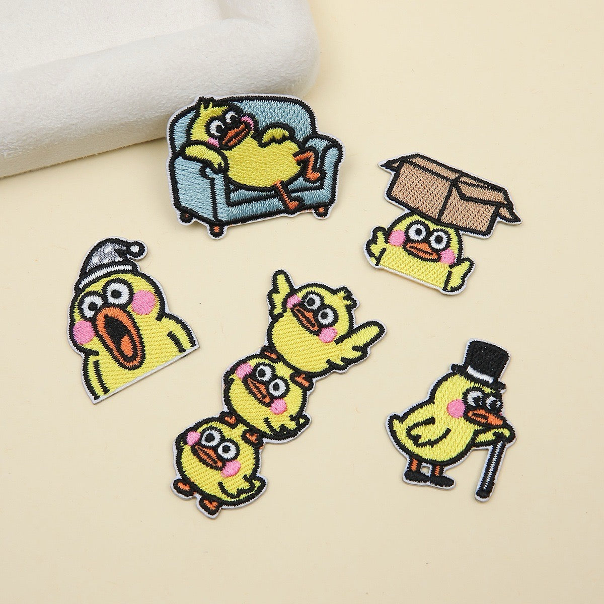 set of five funny quirky duck embroidered stick-on patches