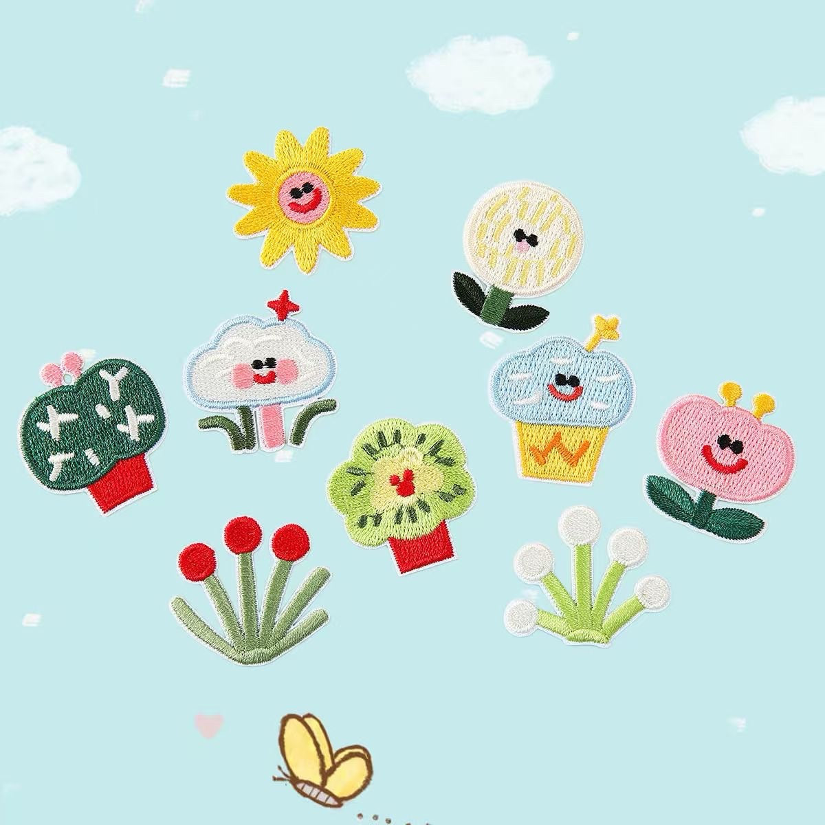 set of nine pastel botanical and sweet treats embroidered stick-on patches