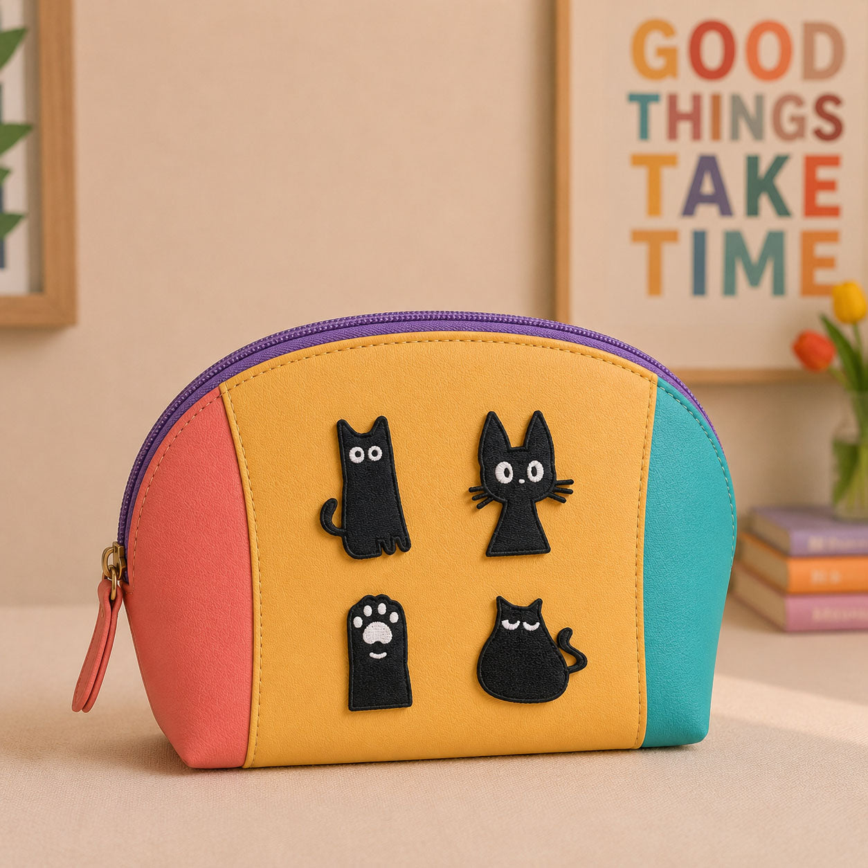 minimalist black cat and cat paw stick-on patches decorating a yellow and pink color-block leather makeup bag