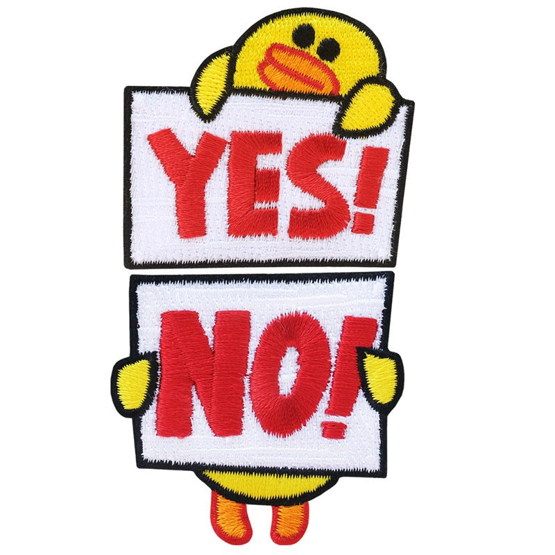 set of 2 yes and no yellow duck embroidered stick-on patches