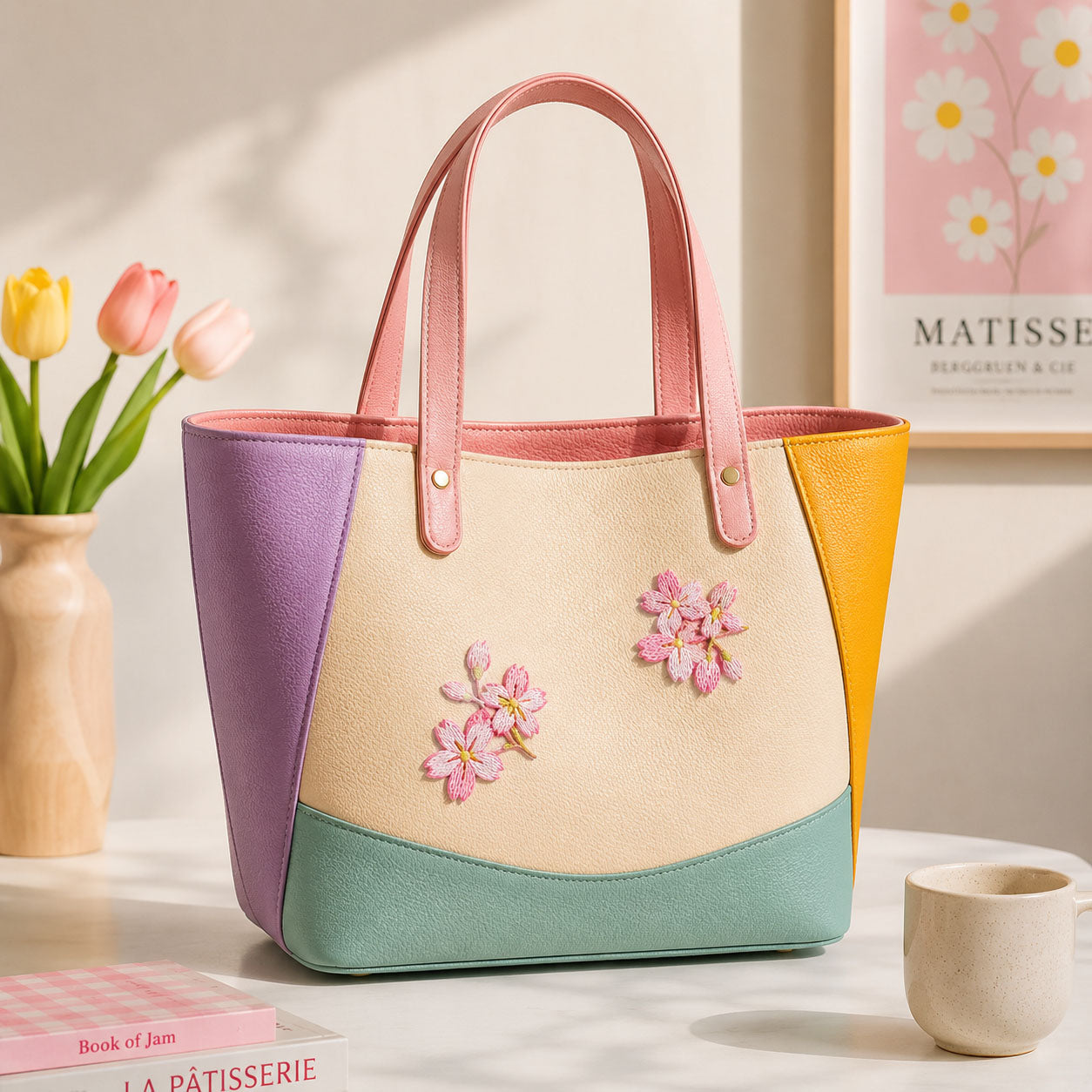 pink sakura flower stick-on patches decorating a cream and purple color-block leather handbag