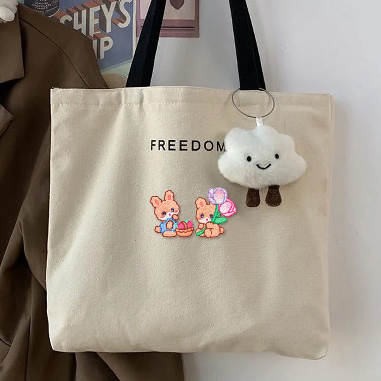alice rabbit embroidered patch on tote bag