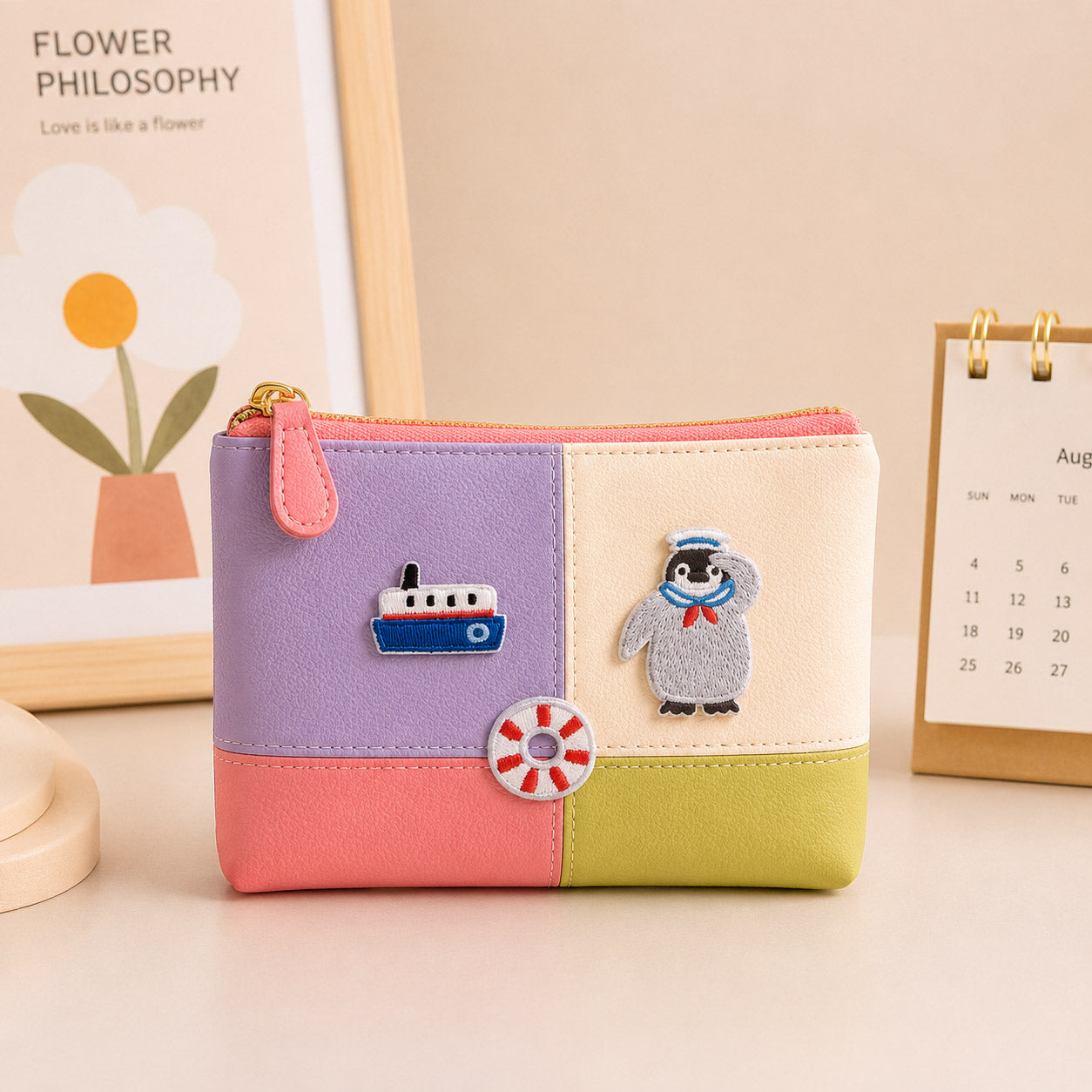 sailor penguin and ship embroidered stick-on patches on makeup pouch
