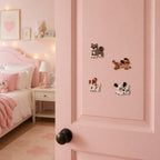 fluffy cartoon dog patches with gray shiba inu standing brown spotted running dachshund jack russell terrier and black spotted beagle lying stick-on patches on a pink panel door
