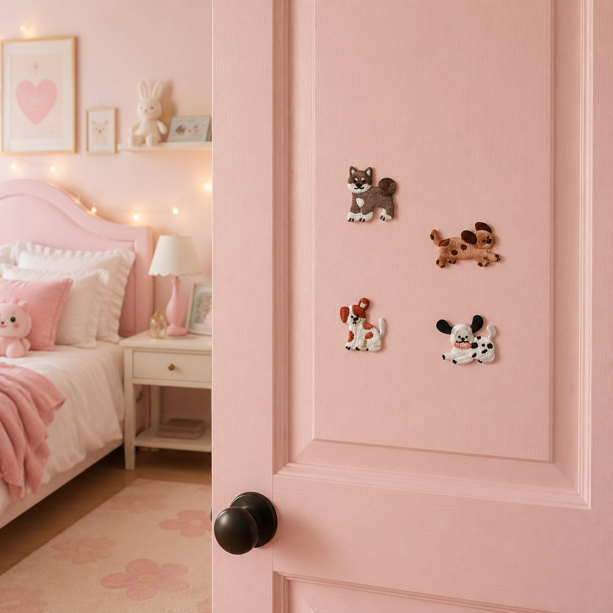 fluffy cartoon dog patches with gray shiba inu standing brown spotted running dachshund jack russell terrier and black spotted beagle lying stick-on patches on a pink panel door