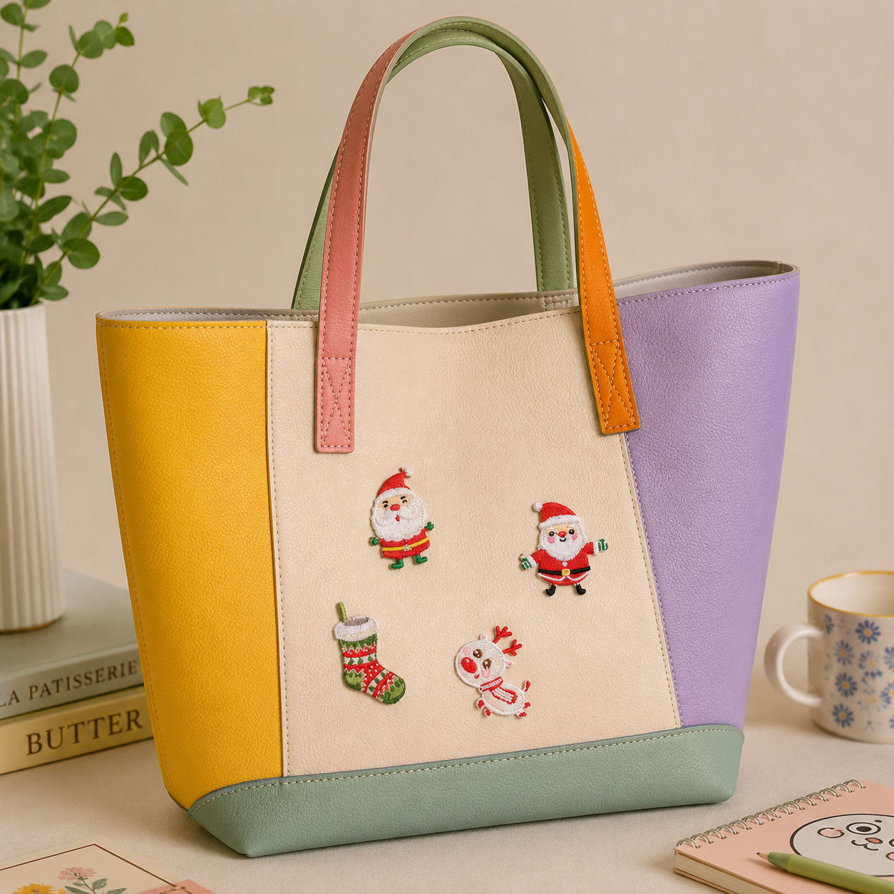 christmas santa claus and reindeer embroidered patches on canvas tote bag
