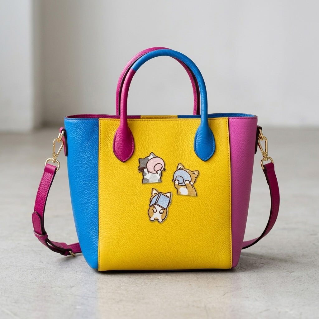 cat holding bowl reading book and covering face embroidered patches on a bold color-block leather handbag