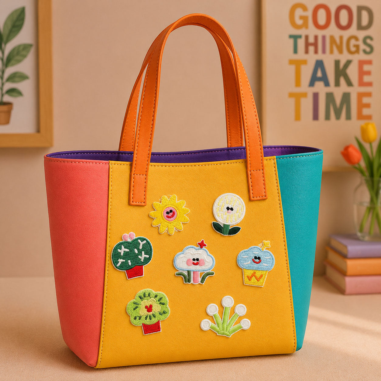 cactus cupcake sunflower and daisy stick-on patches decorating an orange and yellow color-block leather handbag