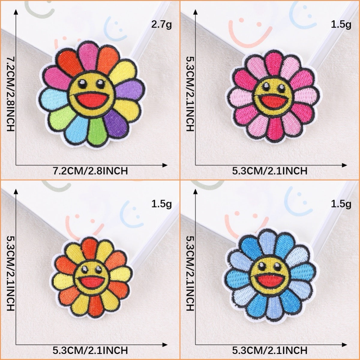 set of four rainbow smiley flower embroidered stick-on patches