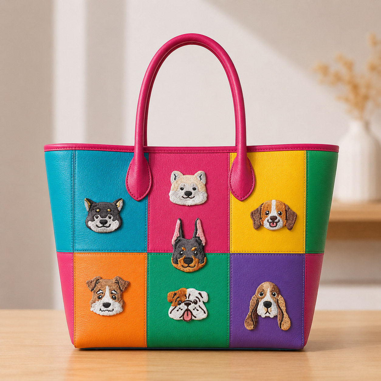 whimsical puppy portrait embroidered stick-on patch on a canvas tote bag