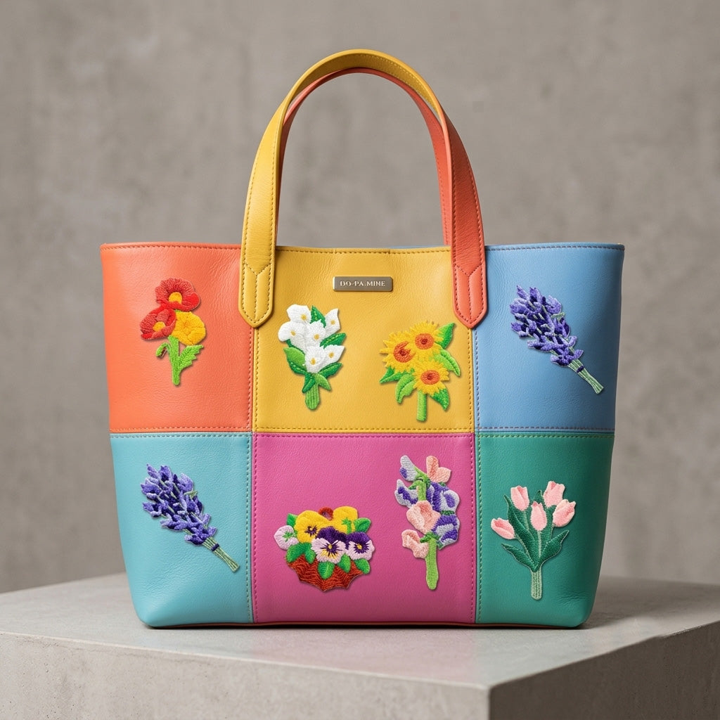 seven garden flower patches including poppy lily and iris on a bright multicolor leather handbag