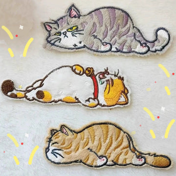 three lazy cat embroidered stick-on patches complete set