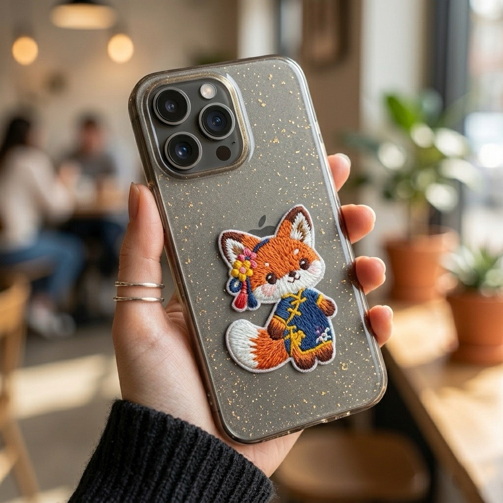 kawaii chinoiserie fox embroidered patches on phone case
