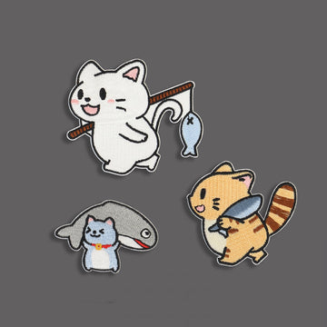 three cute fishing cat embroidered stick-on patches complete set