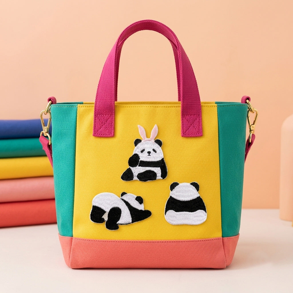 cute chonky panda embroidered stick-on patches on a bag