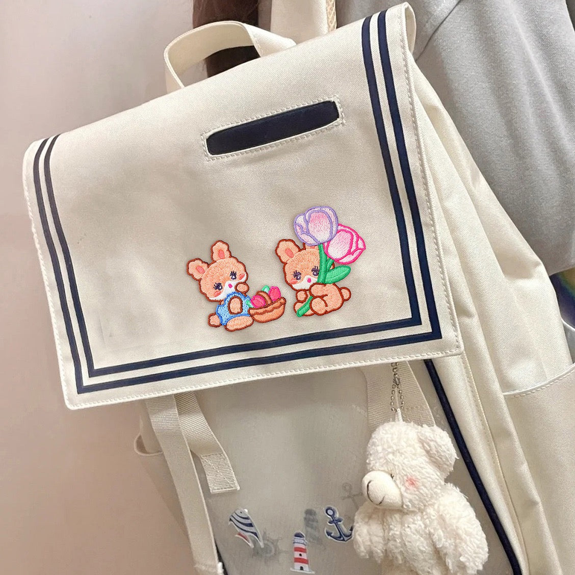 alice rabbit embroidered patch on backpack