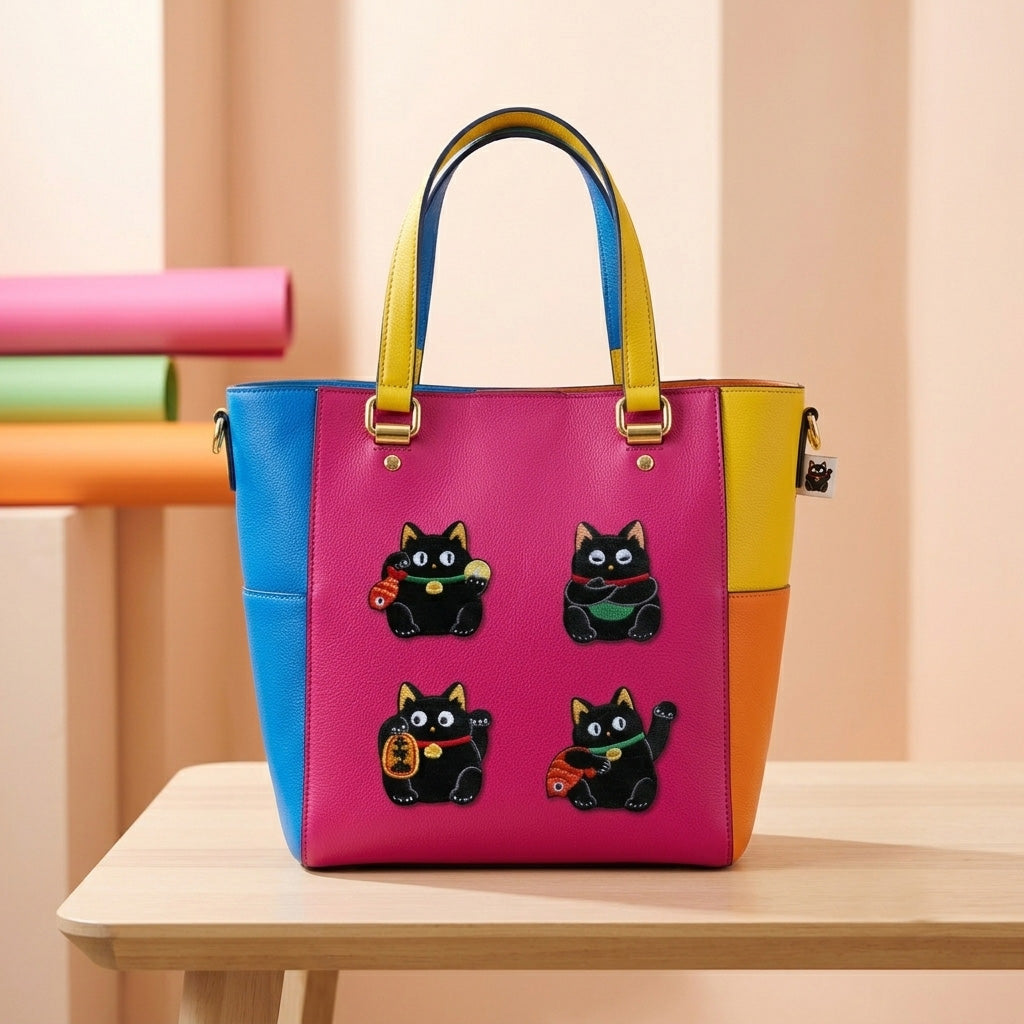 lucky beckoning black cat embroidered stick-on patches on a colorful color-block leather tote bag