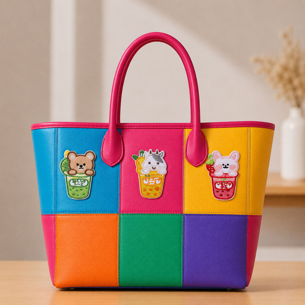 bear cow and bunny bubble tea stick-on patches decorating a vibrant color-block leather handbag