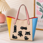 cute black cat embroidered stick-on patches on canvas tote bag