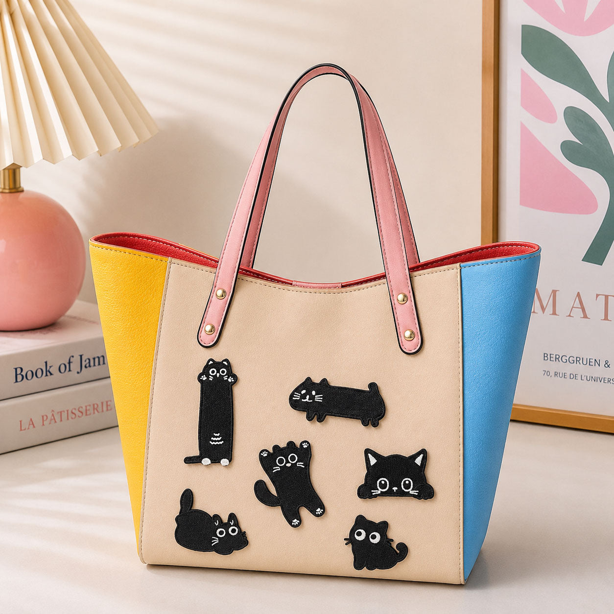 cute black cat embroidered stick-on patches on canvas tote bag