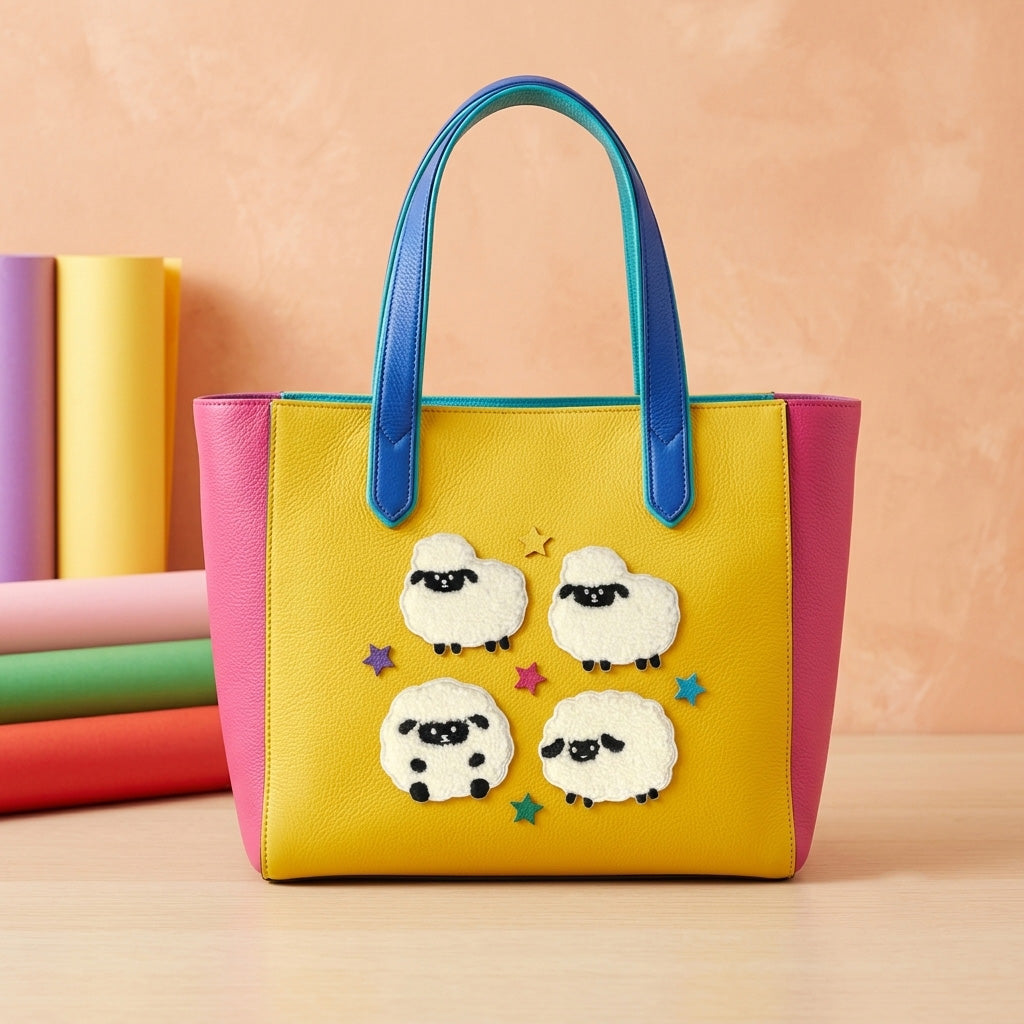 fluffy boucle sheep embroidered stick-on patch on tote bag