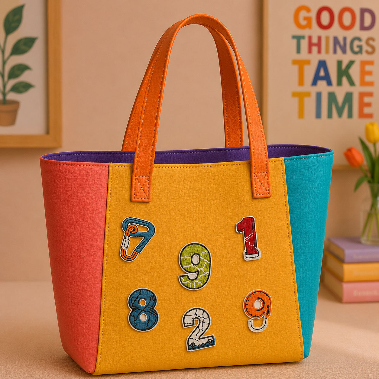 textured number and carabiner stick-on patches decorating an orange and yellow color-block leather handbag