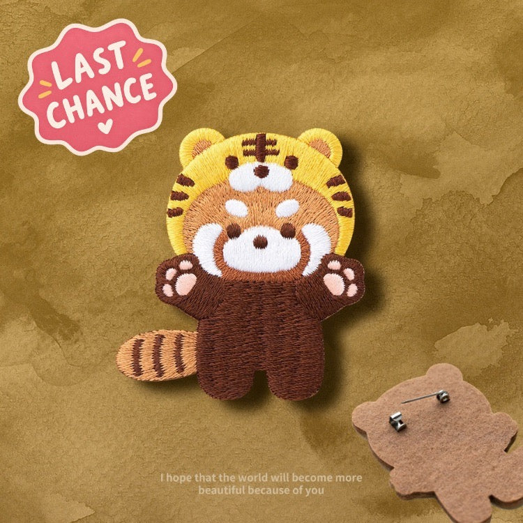 Embroidered Pins of a Full Body Cute Red Panda in a Hat