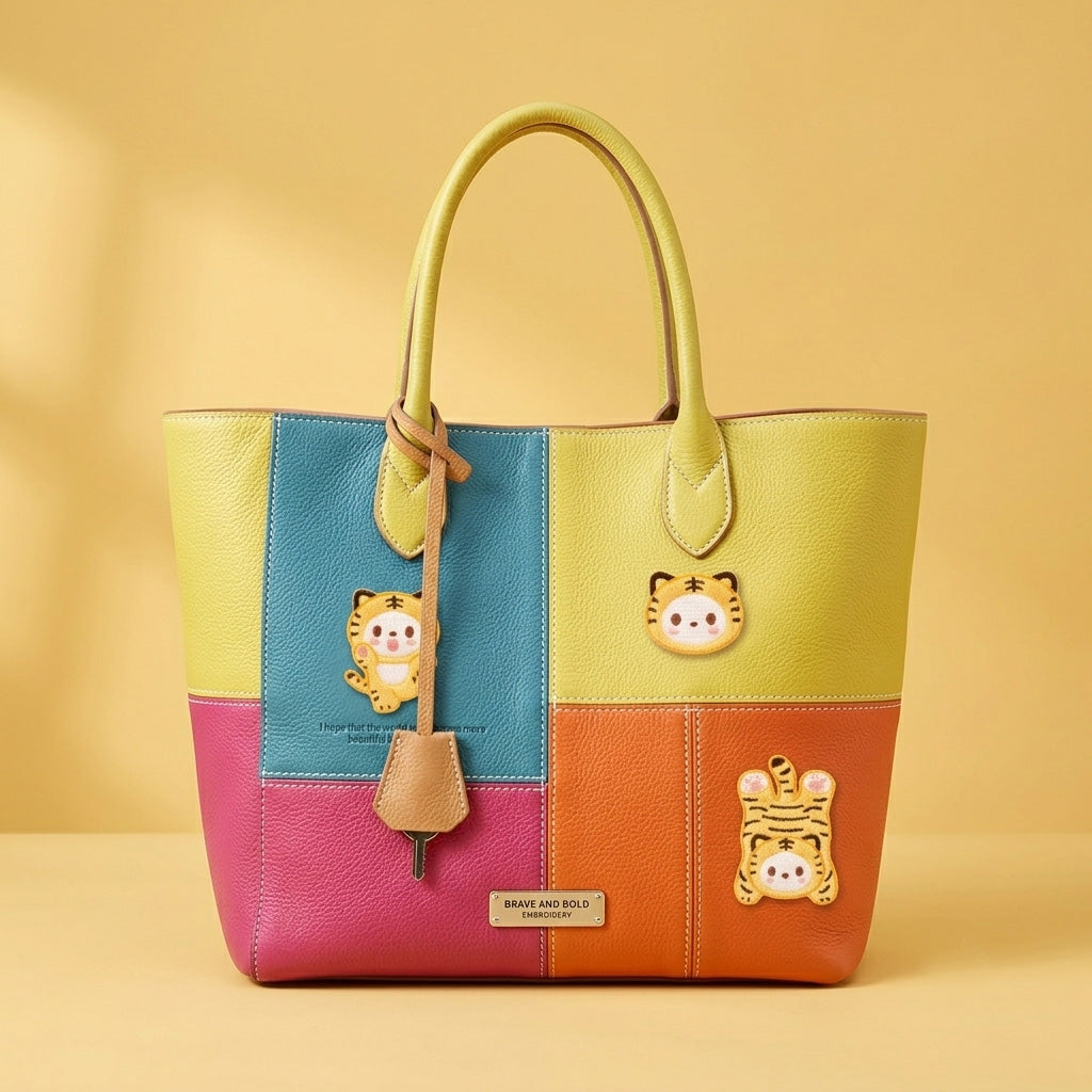 kawaii chubby tiger embroidered stick-on patch on tote bag