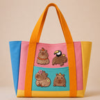 cute capybara and toucan stick-on patches decorating a bright color-block canvas tote
