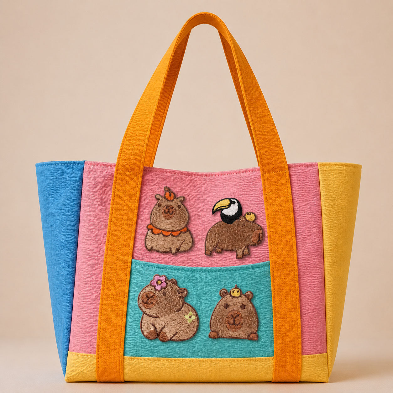 cute capybara and toucan stick-on patches decorating a bright color-block canvas tote