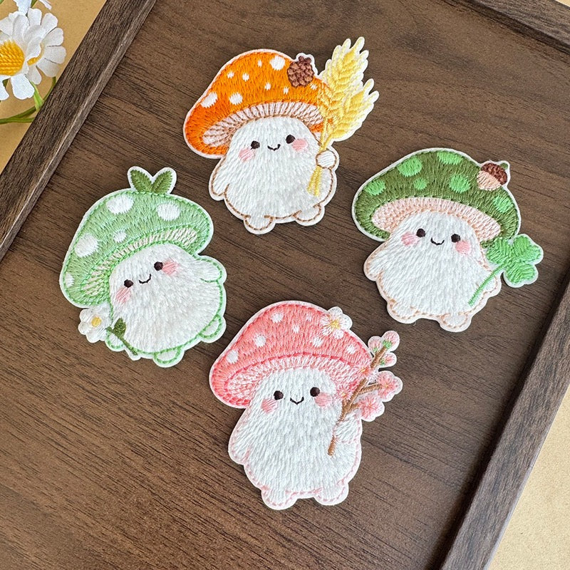cute four-seasons mushroom baby embroidered stick-on patches — spring clover cherry blossom autumn wheat and summer daisy mushroom baby on wooden tray