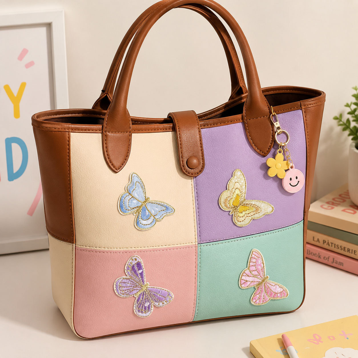 elegant gold trim butterfly stick-on patches in pastel colors decorating a color-block leather handbag