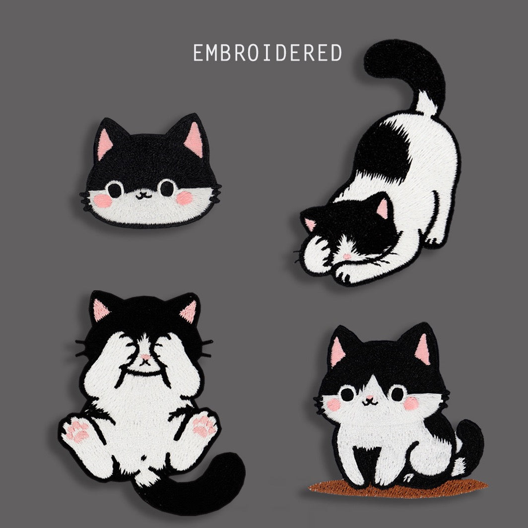 four tuxedo cat embroidered stick-on patches complete set