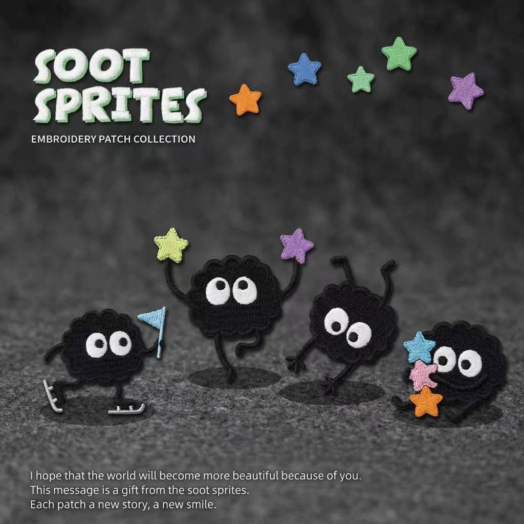 four playful soot sprite embroidered stick-on patches complete set