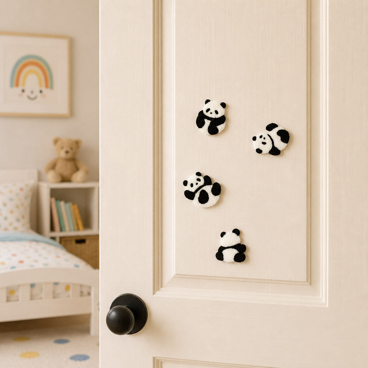 four fuzzy panda kung fu embroidered patches in standing rolling and sitting poses on a white door seen from a kids bedroom