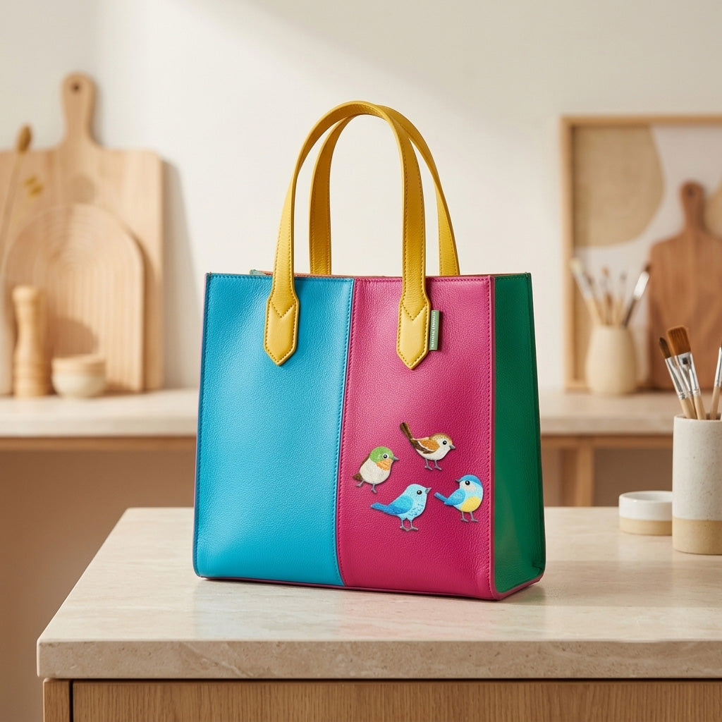 four cute little bird embroidered patches on a color-block leather tote bag