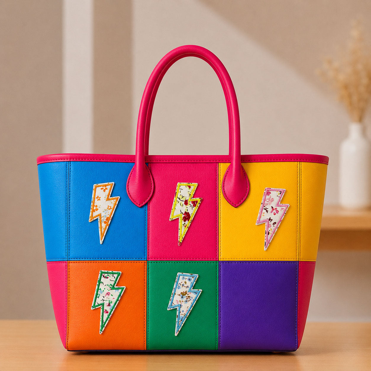 five ditsy floral lightning bolt embroidered patches on a bold color-block leather tote bag