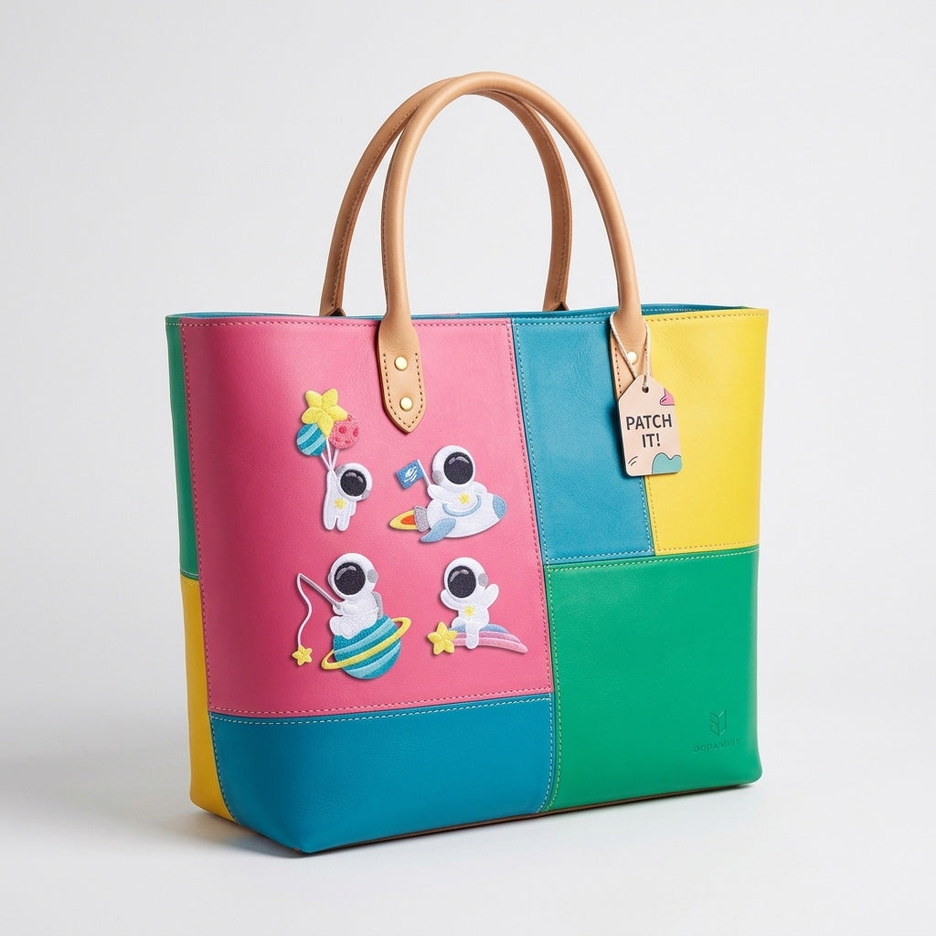 four astronaut patches floating on saturn fishing on planet and riding rainbow on a bold color-block tote