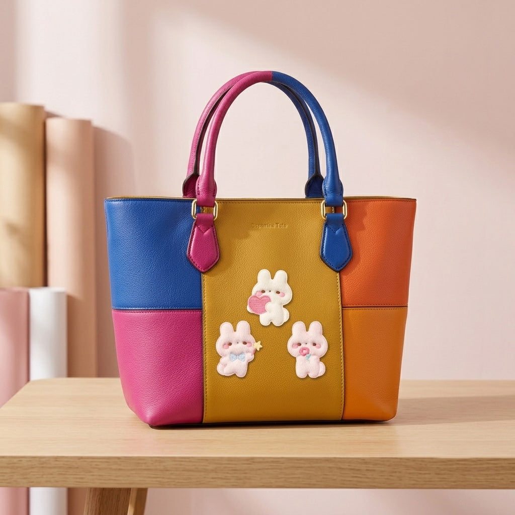 little bunny embroidered stick-on patches on a colorful color-block leather tote bag