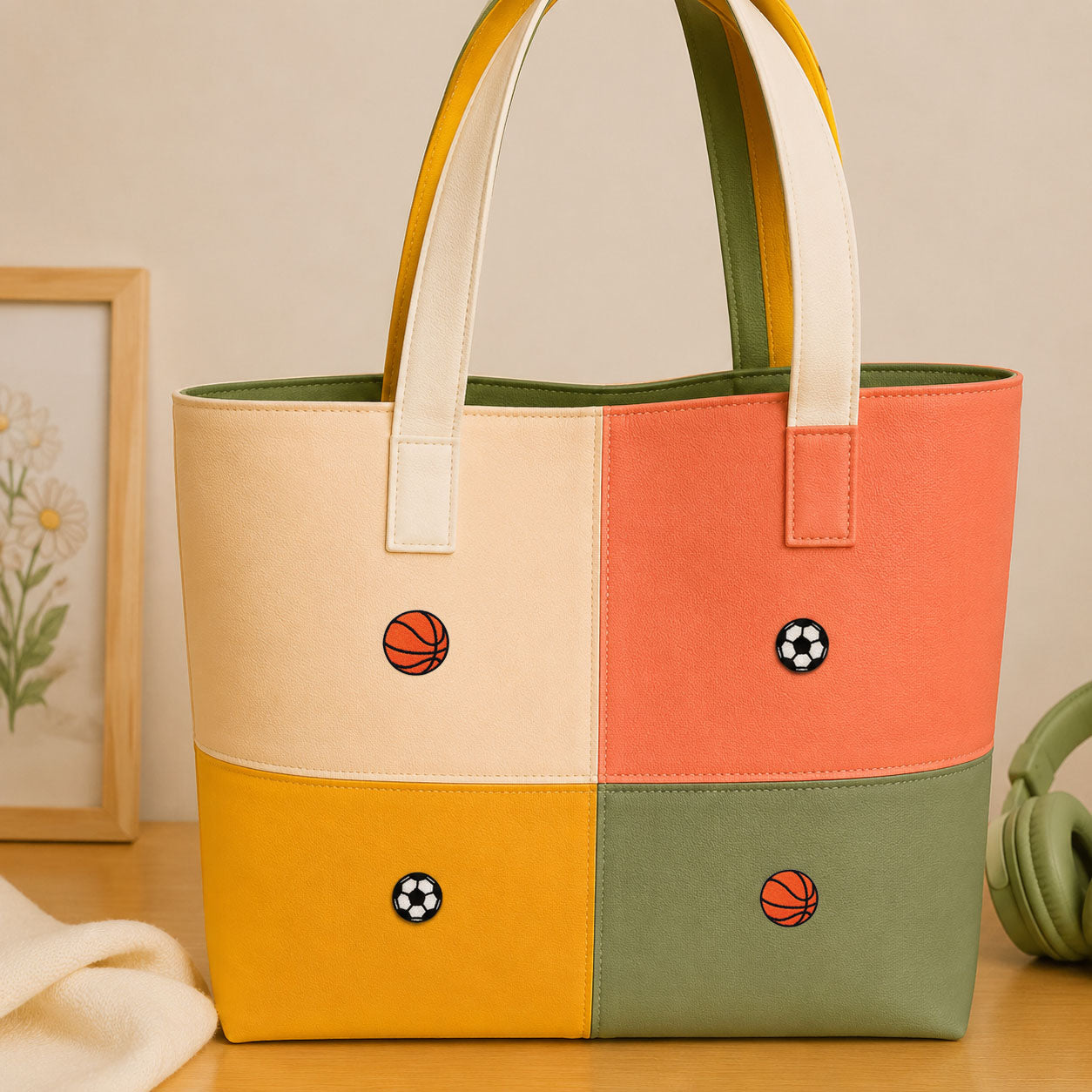 sports ball soccer and basketball embroidered patches on a four-color colorblock tote bag in cream coral yellow and olive green