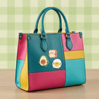avocado toast and fried egg kawaii embroidered patches on a color-block leather tote bag