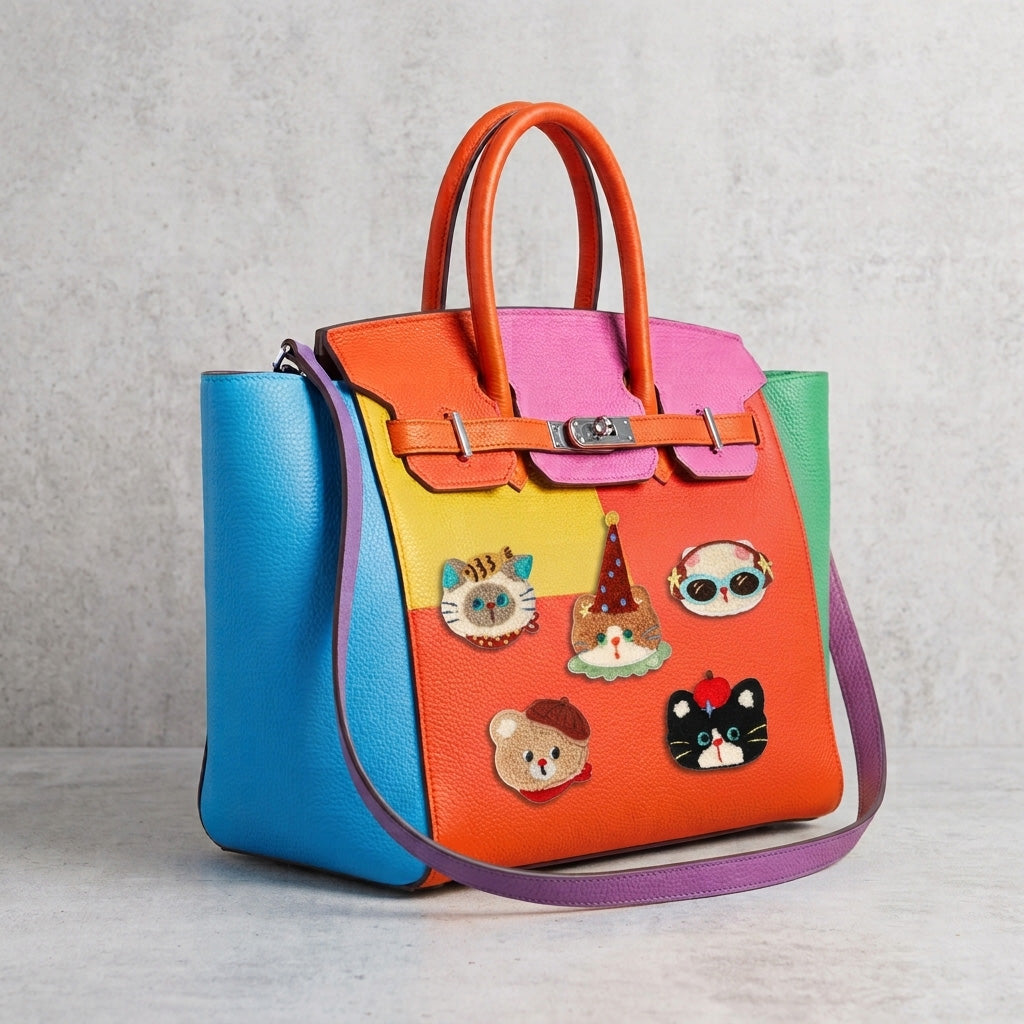 five vintage chenille cat and bear embroidered patches on a bold color-block leather handbag