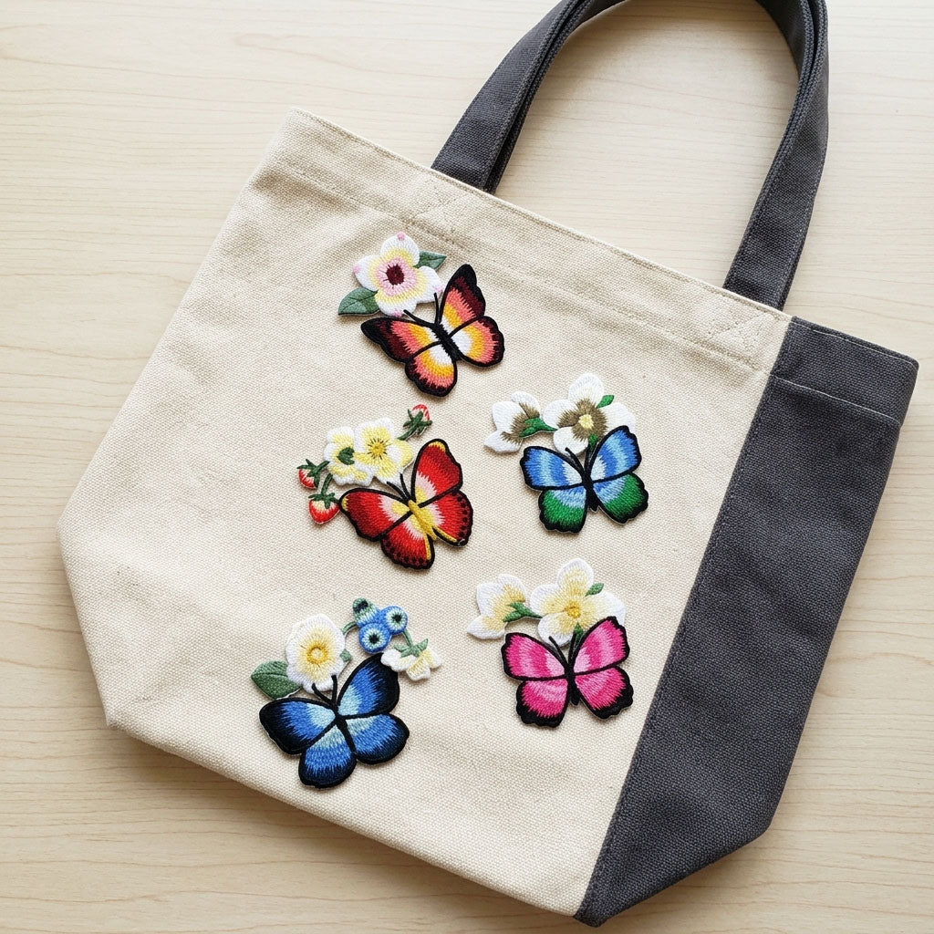 colorful butterfly with wildflower stick-on patches decorating a cream and grey canvas handbag