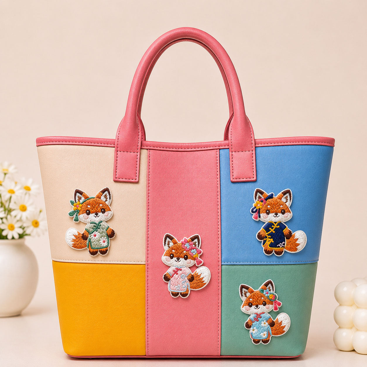 cute fox in Chinese traditional dress stick-on patches decorating a pink and blue color-block leather handbag