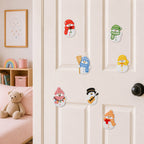 snowman with rose broom guitar string lights and heart in red green blue yellow pink and orange outfits stick-on patches on a white bedroom door