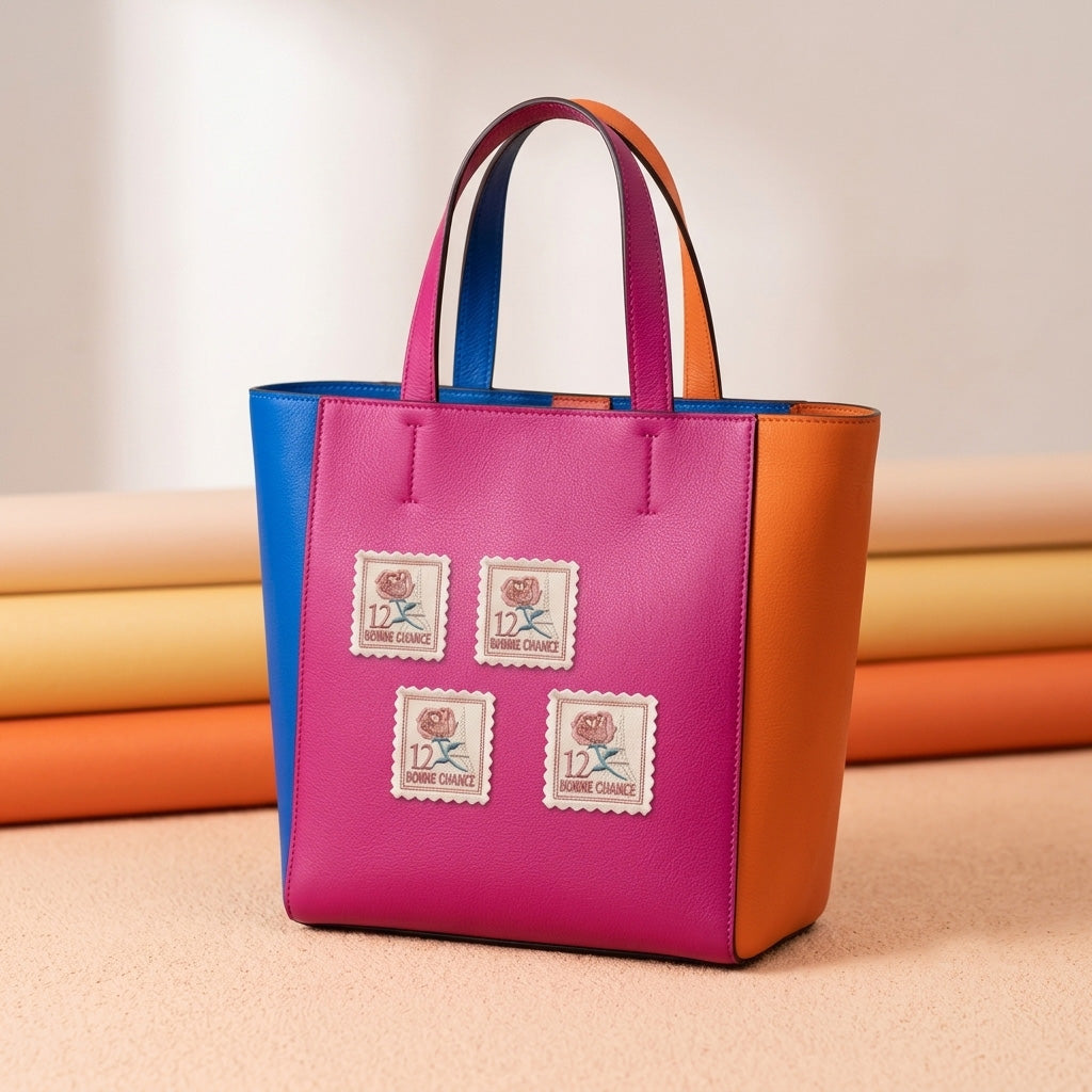 vintage french flower stamp embroidered stick-on patches on a pink orange and blue color-block tote bag