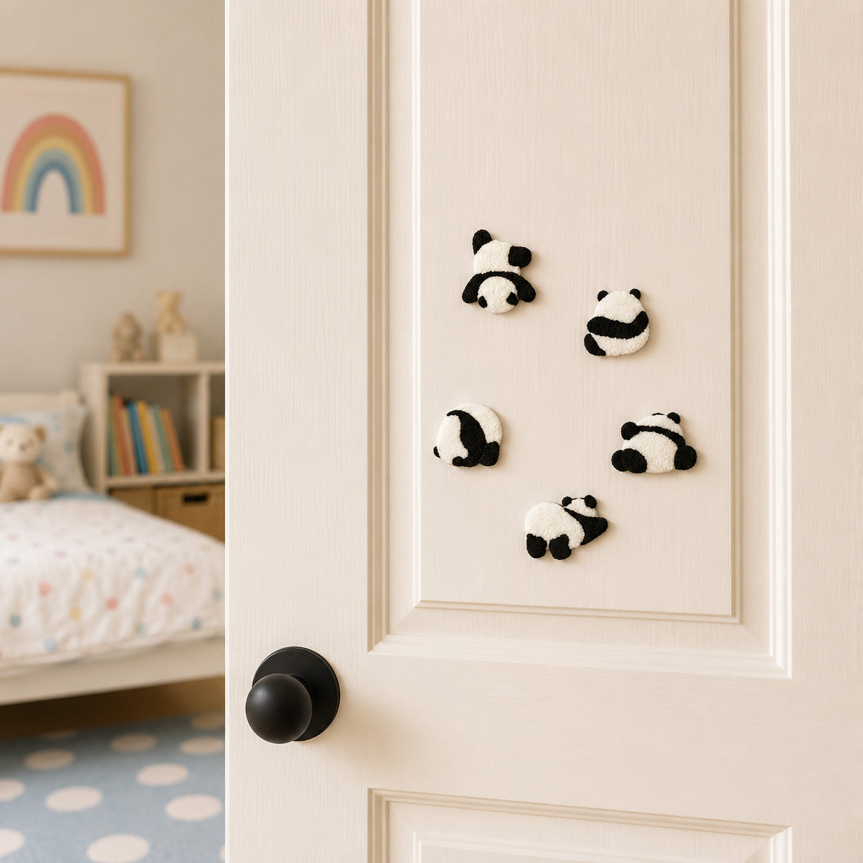 fluffy chenille panda back view rolling lying and stretching stick-on patches scattered on a cream bedroom door at an angle