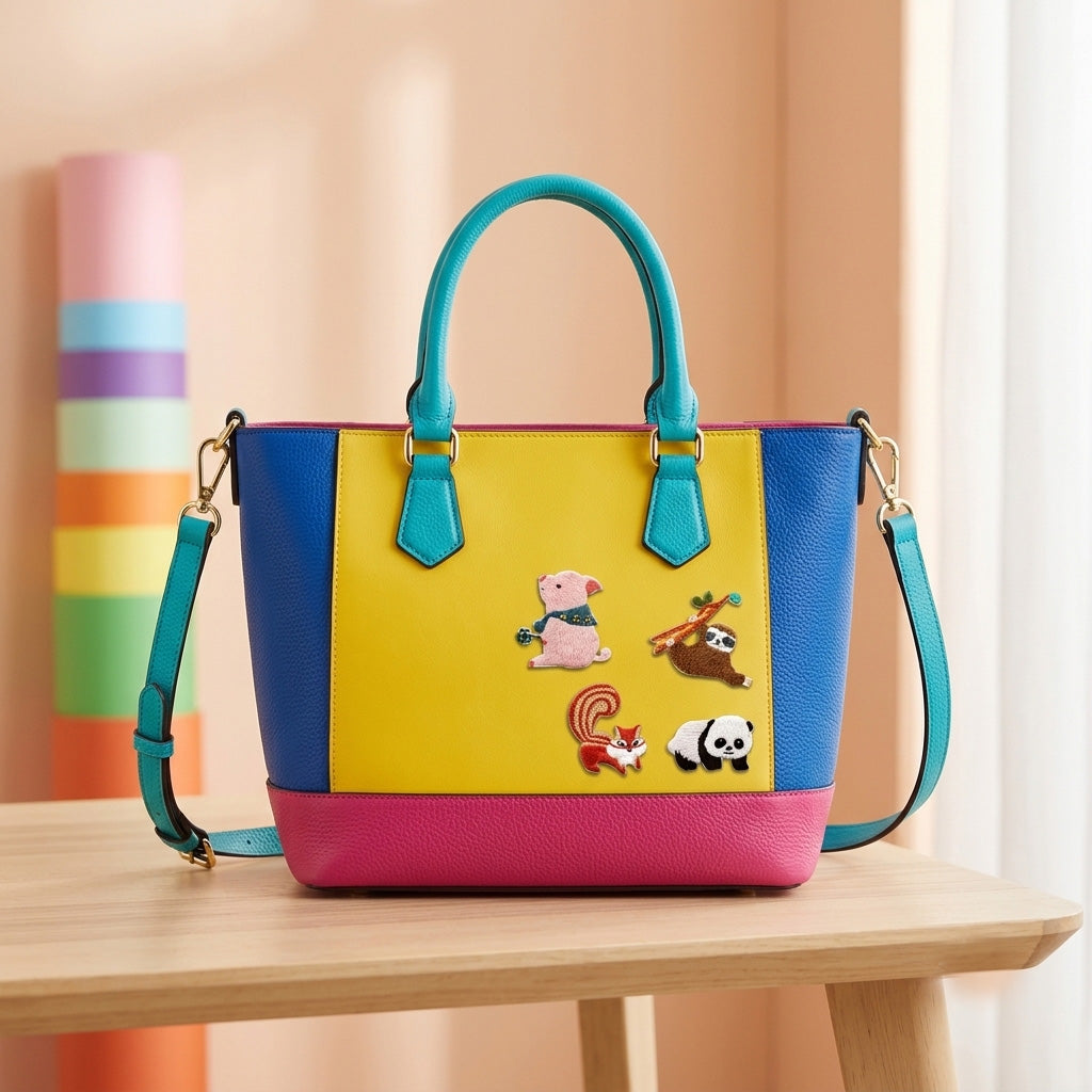 pig sloth fox and panda embroidered patches decorating a teal yellow and blue color-block handbag